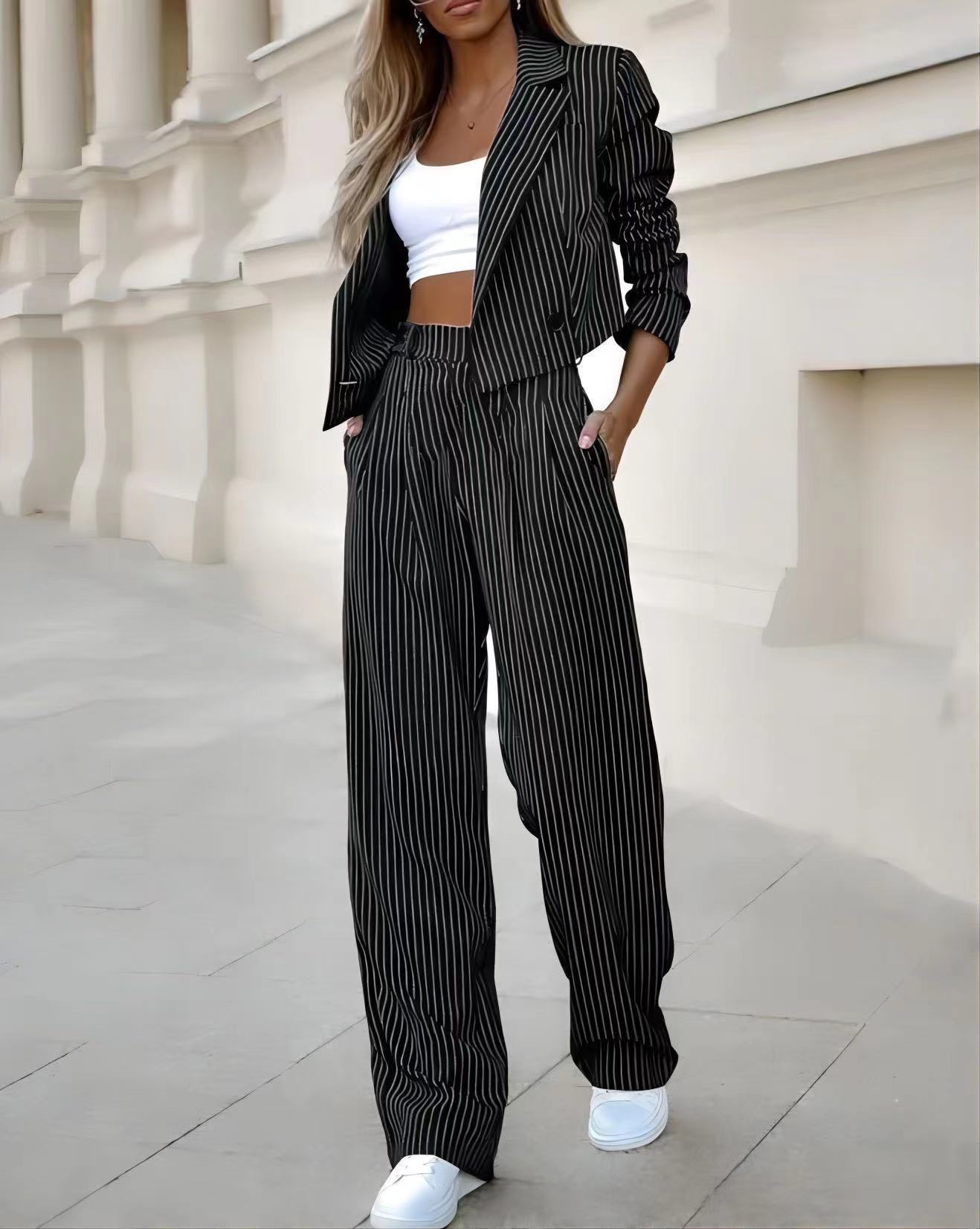 Fashion Striped Suit – Cropped Top & Straight Pants Set