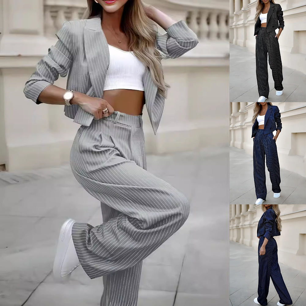 Fashion Striped Suit – Cropped Top & Straight Pants Set