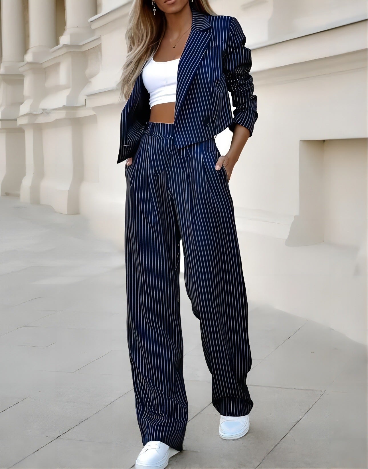 Fashion Striped Suit – Cropped Top & Straight Pants Set