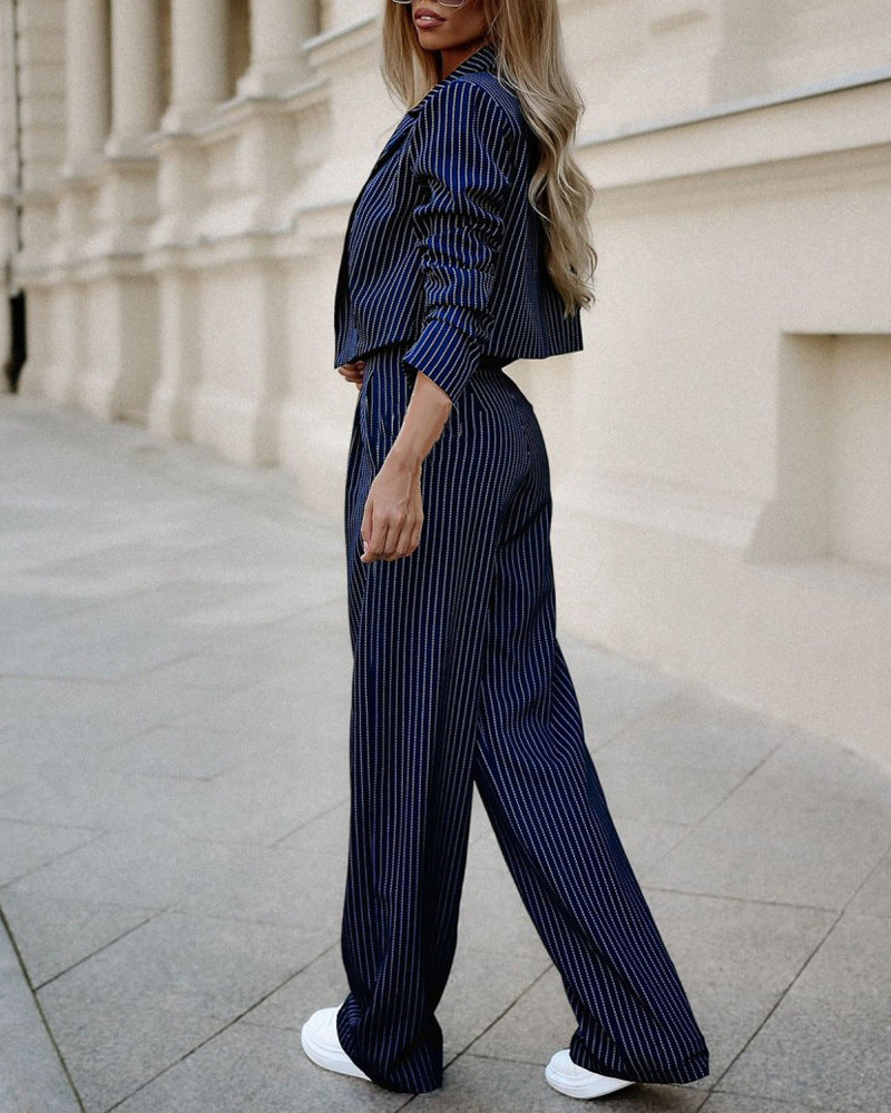 Fashion Striped Suit – Cropped Top & Straight Pants Set